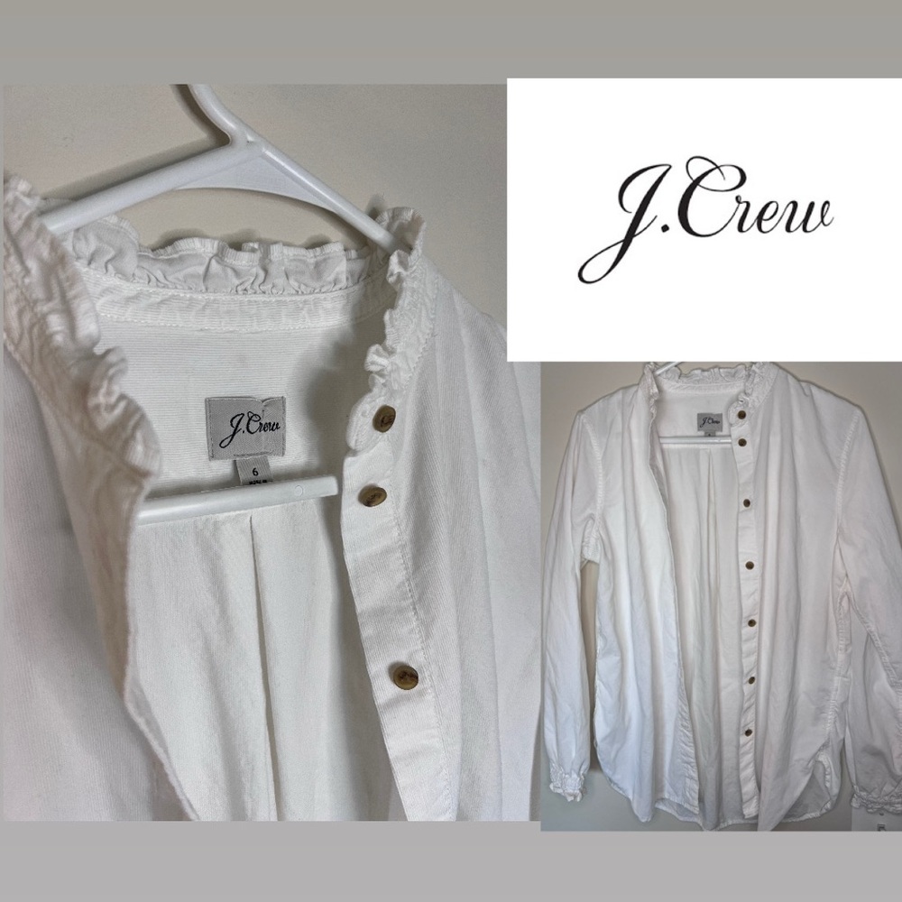 J. Crew Women’s Size6 Neutral White Button Down Ruffle Collar Long Sleeve Shirt